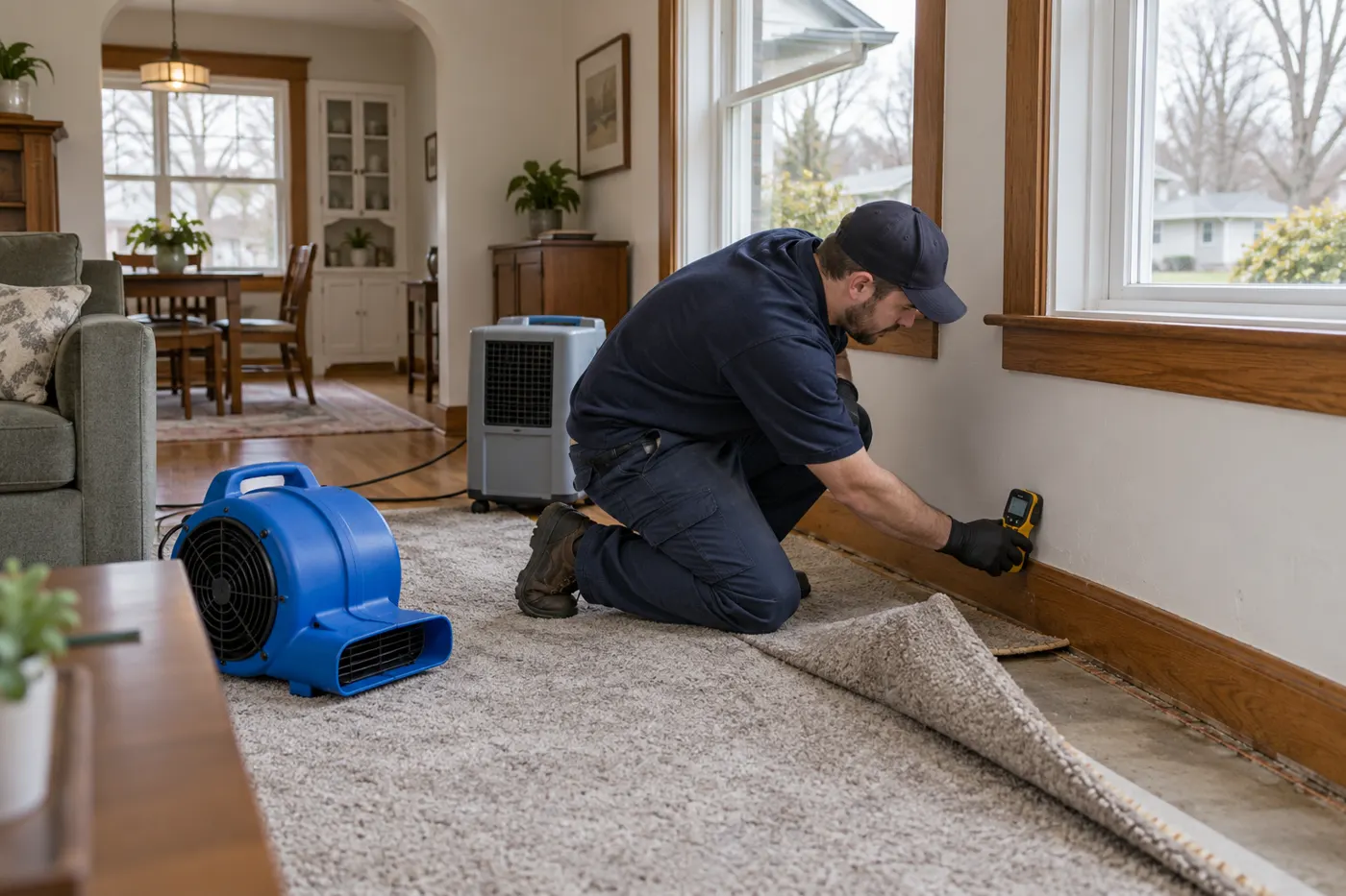 a technician checking moisture beside drying equipment in a modest home.